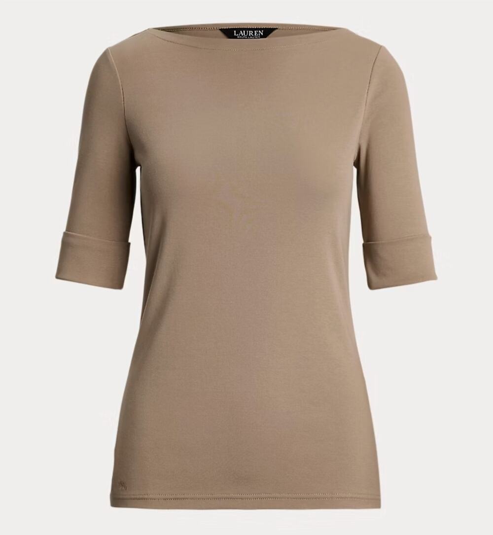 Lauren Ralph Lauren Boat Neck Top Short Sleeve Cuffed Camel Brown Size Small